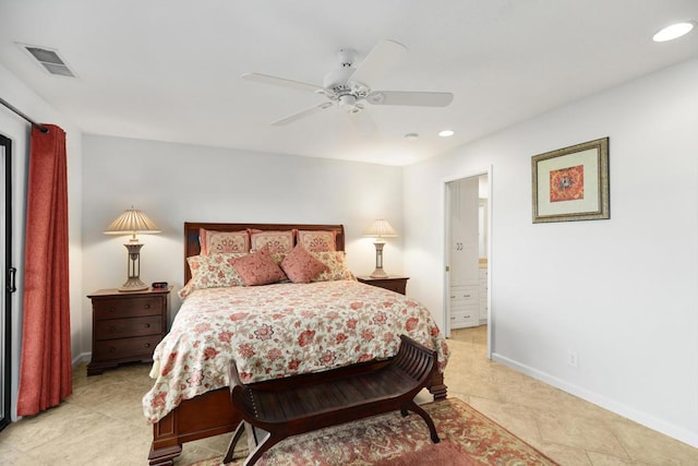 bedroom with light tile patterned floors and ceiling fan