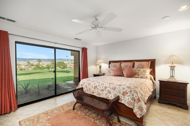 tiled bedroom featuring access to exterior and ceiling fan