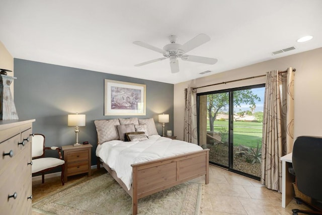 bedroom with access to outside, ceiling fan, and light tile patterned flooring