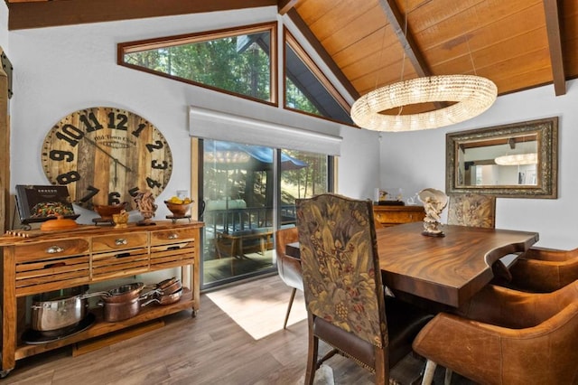 dining room featuring wooden ceiling, a chandelier, hardwood / wood-style floors, and lofted ceiling with beams