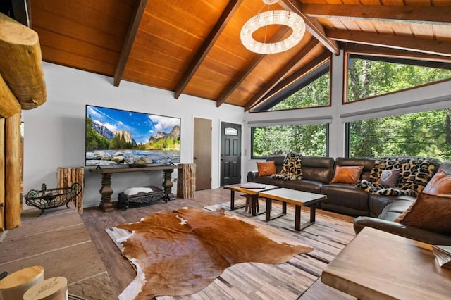 living room featuring beam ceiling, high vaulted ceiling, wood ceiling, and hardwood / wood-style floors