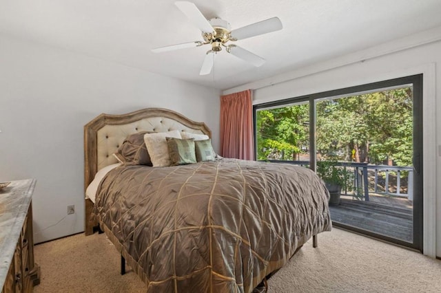 carpeted bedroom with ceiling fan and access to outside