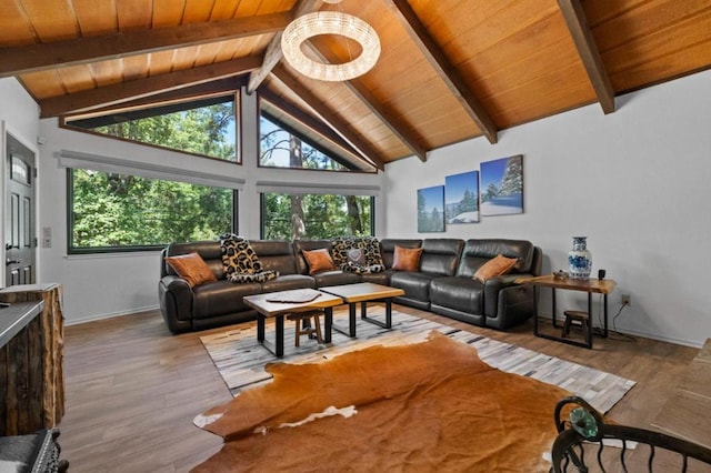 living room with wooden ceiling, light hardwood / wood-style floors, and beamed ceiling