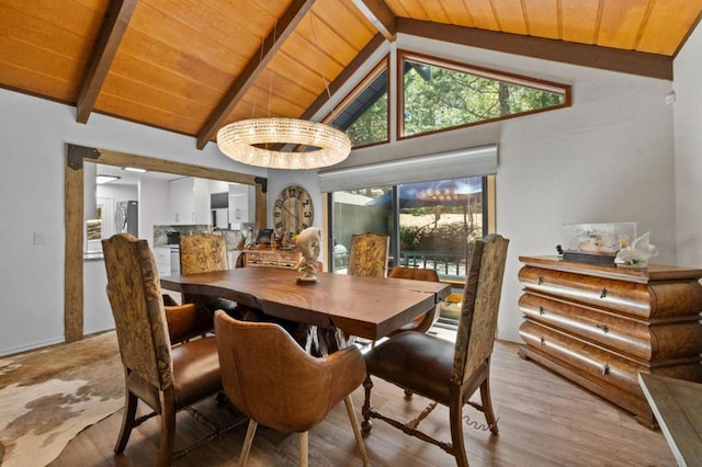 dining area with vaulted ceiling with beams, light wood-type flooring, a notable chandelier, and wood ceiling