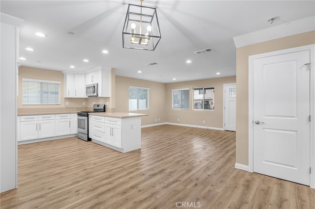 kitchen featuring light countertops, appliances with stainless steel finishes, open floor plan, white cabinets, and a peninsula