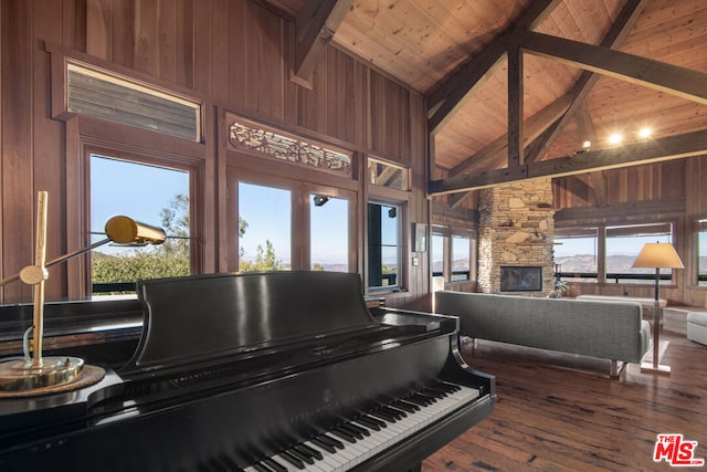 miscellaneous room with hardwood / wood-style flooring, high vaulted ceiling, a wealth of natural light, and wood ceiling