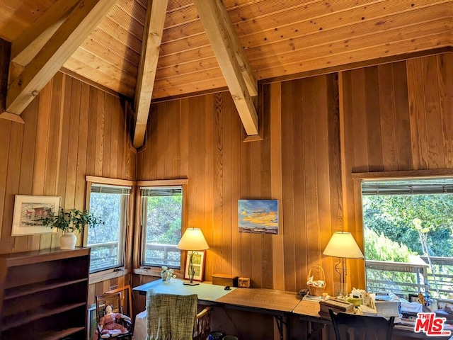 office area featuring a wealth of natural light, wooden walls, and wood ceiling