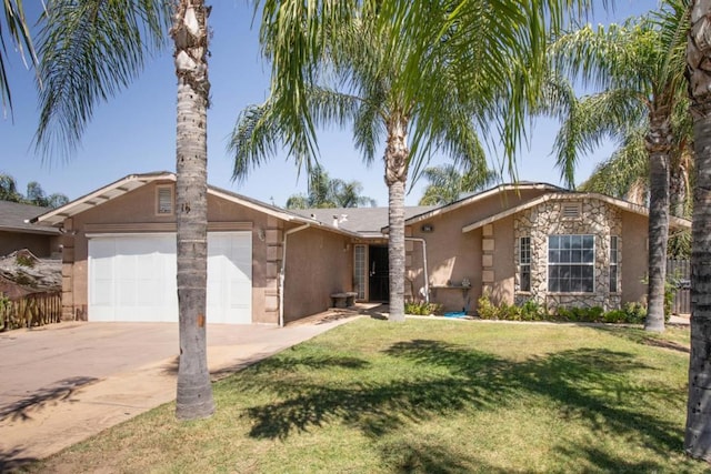 single story home with a garage and a front yard