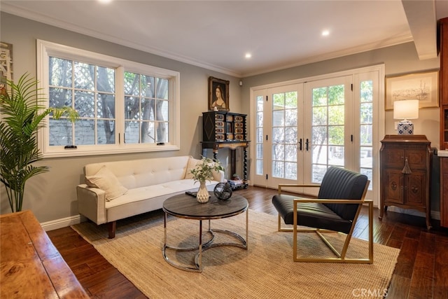 living room with ornamental molding, dark wood-type flooring, and french doors