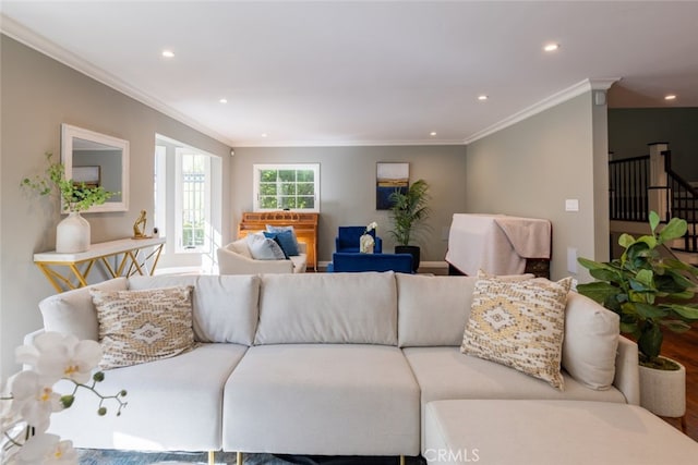 living room with wood-type flooring and ornamental molding