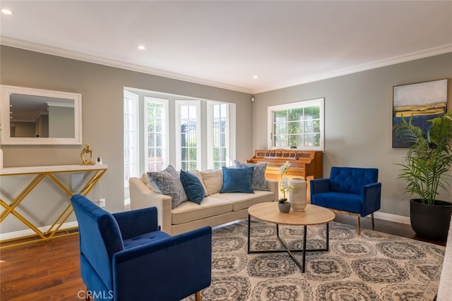 living room with dark hardwood / wood-style flooring and crown molding