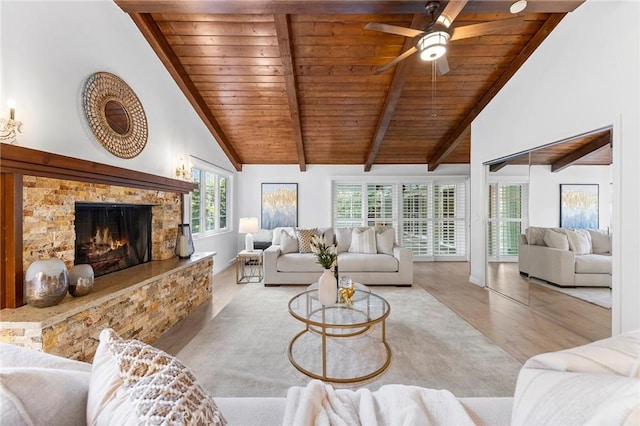 living room with light wood-type flooring, ceiling fan, high vaulted ceiling, wooden ceiling, and a fireplace