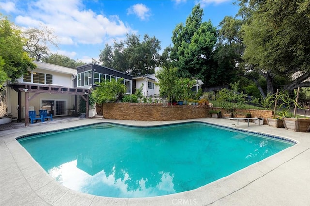 view of pool featuring a patio area and a diving board