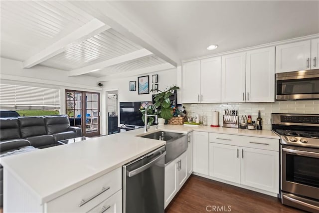 kitchen with a peninsula, white cabinets, stainless steel appliances, and light countertops