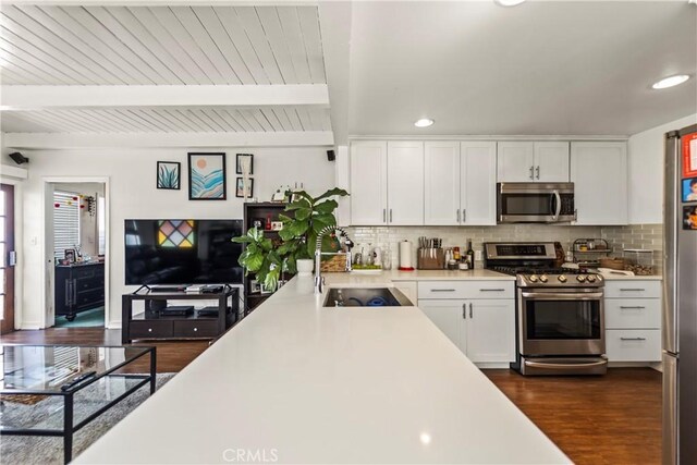 kitchen featuring decorative backsplash, white cabinets, beam ceiling, appliances with stainless steel finishes, and dark hardwood / wood-style floors