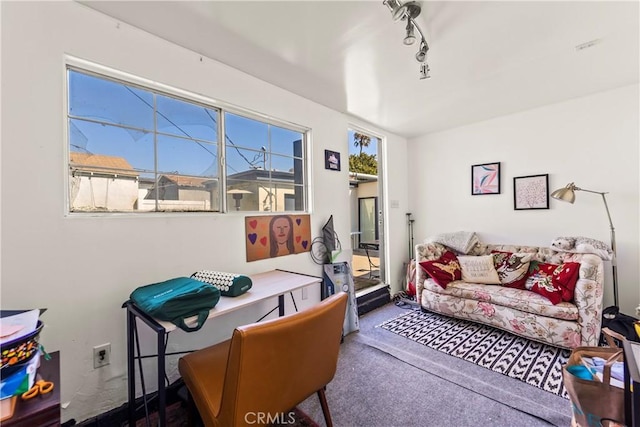 carpeted home office featuring track lighting