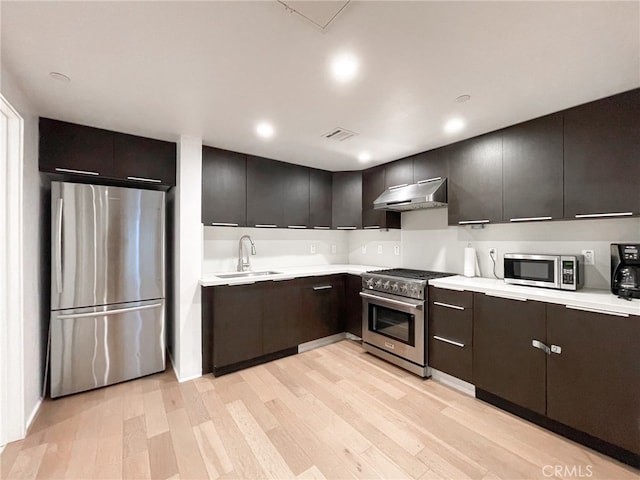 kitchen with stainless steel appliances, dark brown cabinetry, sink, and light wood-type flooring