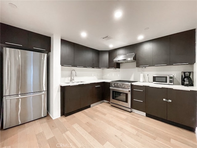 kitchen featuring sink, appliances with stainless steel finishes, exhaust hood, and light wood-type flooring