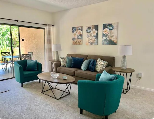 carpeted living room with a textured ceiling