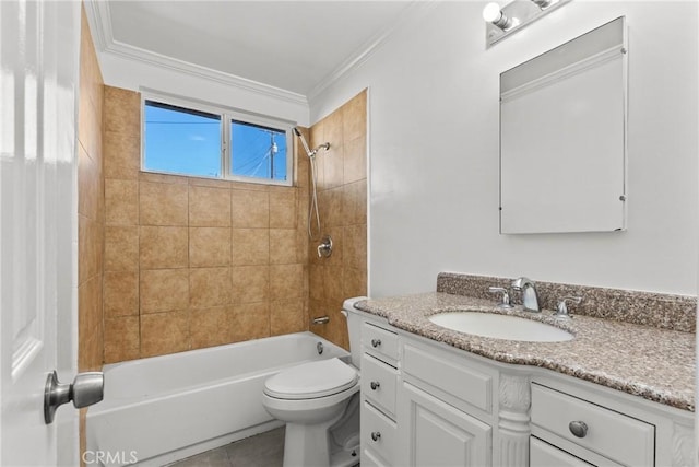 full bathroom featuring tiled shower / bath combo, tile patterned flooring, crown molding, toilet, and vanity