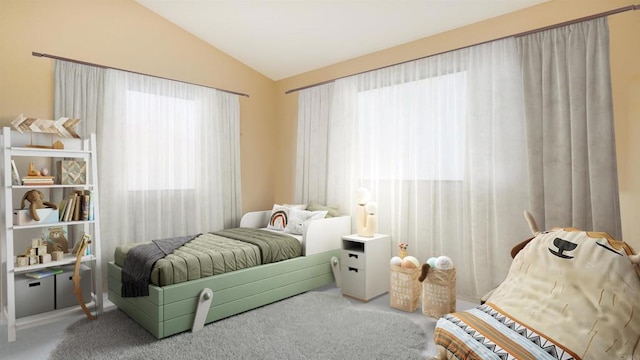 carpeted bedroom with lofted ceiling and multiple windows