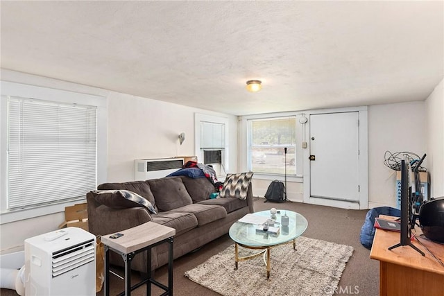 carpeted living room with a wall mounted AC