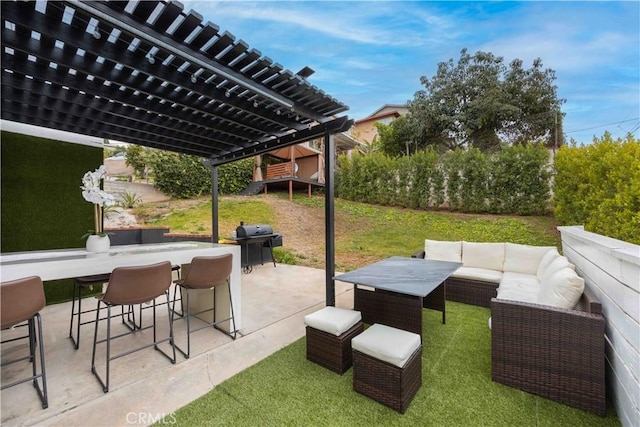 view of patio / terrace with an outdoor living space, a pergola, and a grill