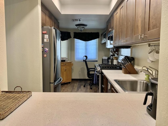 kitchen featuring sink, dark wood-type flooring, and appliances with stainless steel finishes