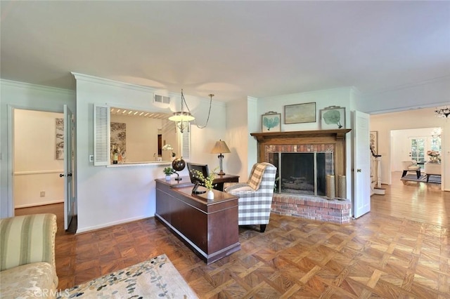 living room featuring a fireplace, parquet floors, and ornamental molding