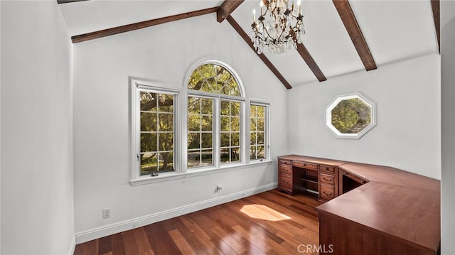 unfurnished office with beamed ceiling, a notable chandelier, wood-type flooring, and high vaulted ceiling