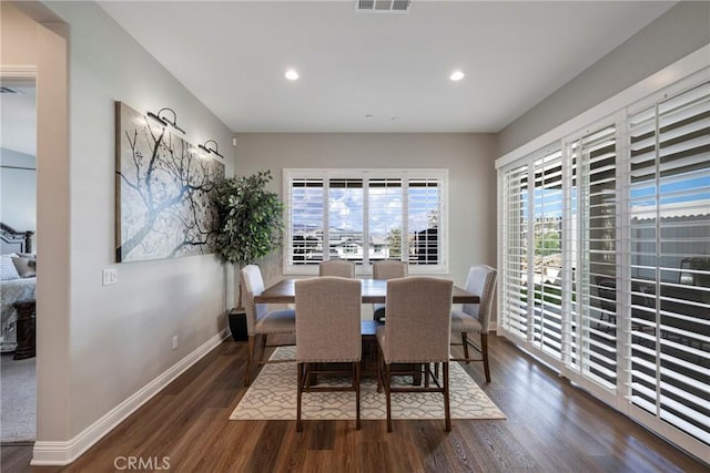 24185 Sprout Dr, Corona, CA 92883 - dining room featuring baseboards, visible vents, recessed lighting, and wood finished floors