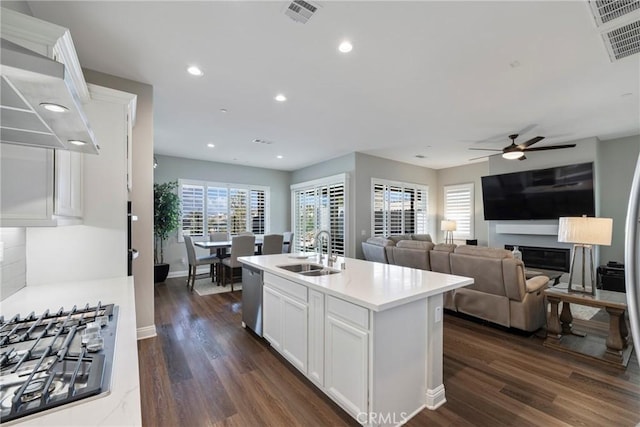 24185 Sprout Dr, Corona, CA 92883 - kitchen featuring a sink, white cabinetry, a glass covered fireplace, stainless steel appliances, and visible vents
