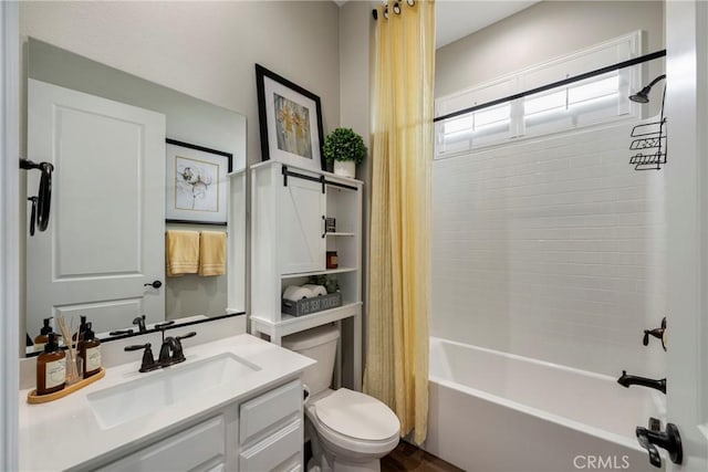 24185 Sprout Dr, Corona, CA 92883 - bathroom with toilet, vanity, and shower / bath combination with curtain