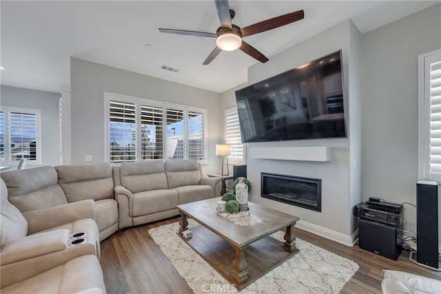 living room with ceiling fan and wood-type flooring