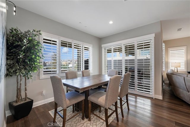 24185 Sprout Dr, Corona, CA 92883 - dining space featuring baseboards, visible vents, wood finished floors, and recessed lighting