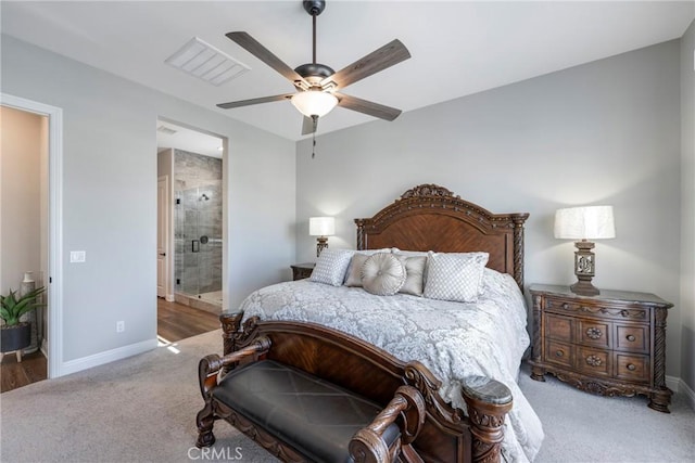24185 Sprout Dr, Corona, CA 92883 - bedroom with baseboards, carpet floors, ceiling fan, and visible vents