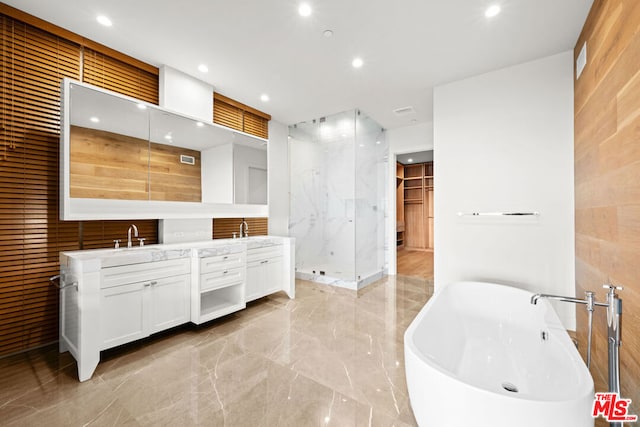 bathroom featuring vanity and independent shower and bath