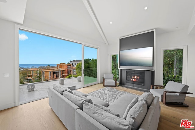 living room with a water view, beam ceiling, light hardwood / wood-style floors, and plenty of natural light