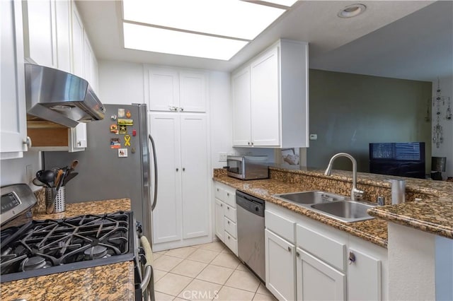 kitchen with stainless steel appliances, extractor fan, sink, dark stone countertops, and white cabinetry