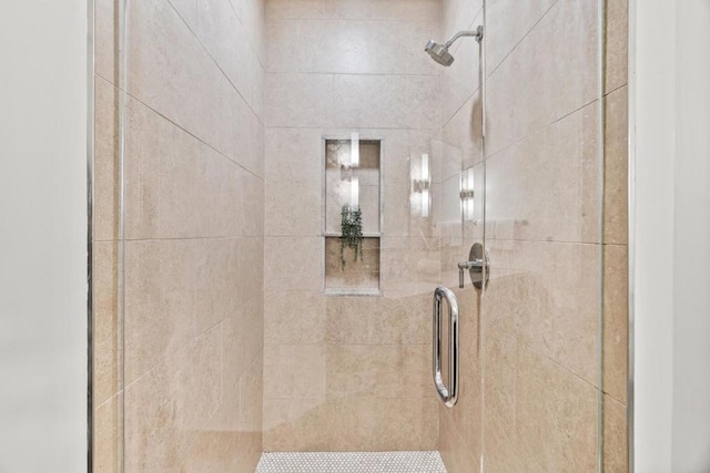 interior details featuring a shower with door