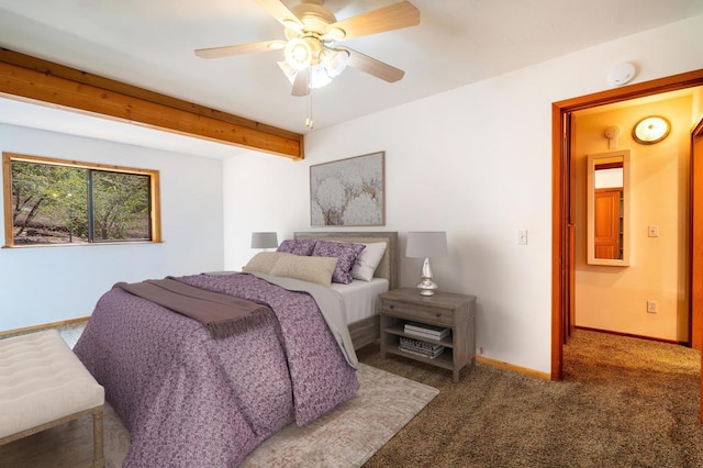 bedroom with carpet flooring, ceiling fan, and beamed ceiling