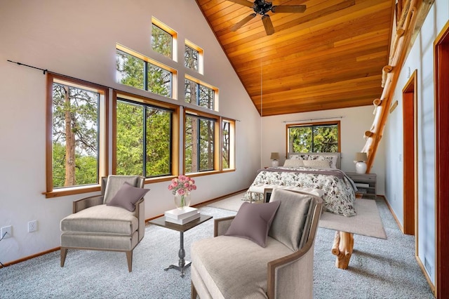 bedroom with wood ceiling, ceiling fan, high vaulted ceiling, and light carpet