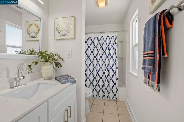 full bathroom featuring shower / bathtub combination with curtain, tile patterned flooring, vanity, and toilet