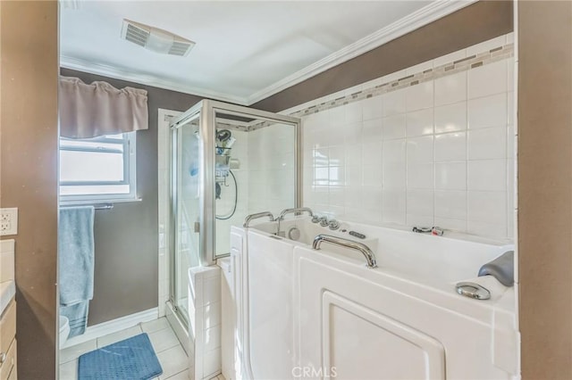 bathroom featuring crown molding, tile patterned flooring, vanity, and shower with separate bathtub