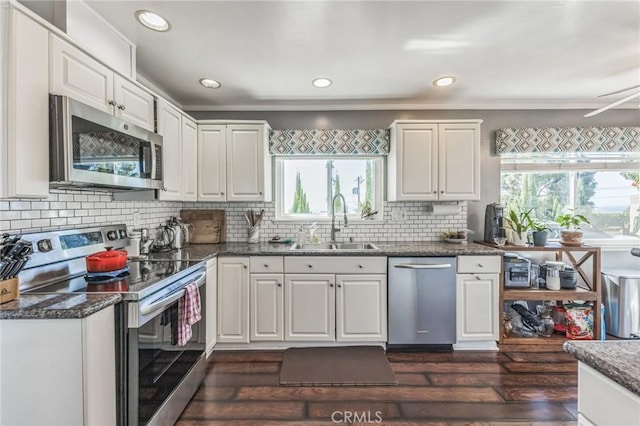 kitchen featuring appliances with stainless steel finishes, dark hardwood / wood-style flooring, white cabinetry, and a wealth of natural light