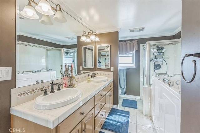 bathroom featuring tile patterned floors, vanity, crown molding, an inviting chandelier, and plus walk in shower