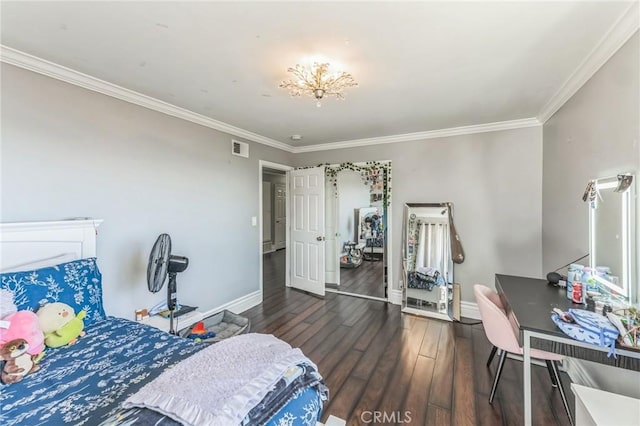 bedroom with dark hardwood / wood-style flooring and crown molding