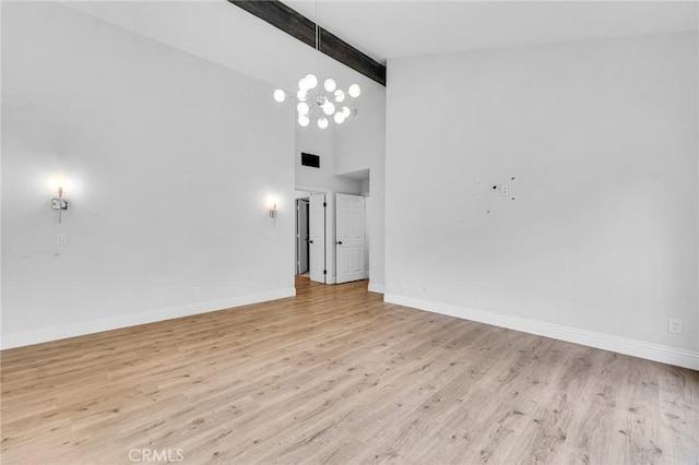 unfurnished living room with beam ceiling, high vaulted ceiling, and light hardwood / wood-style flooring