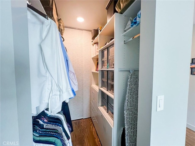 spacious closet with dark hardwood / wood-style floors