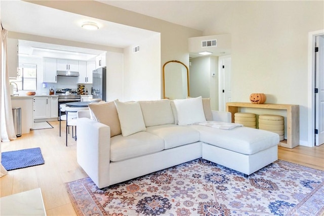 living room with light wood-type flooring and sink